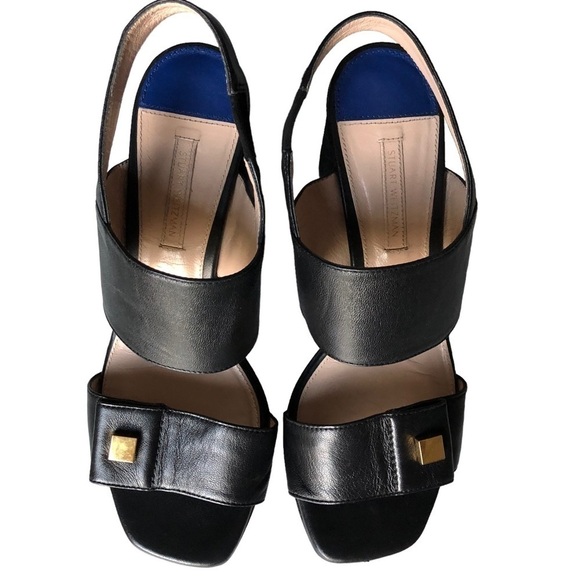 Stuart Weitzman Black Leather Slingback Round Suede Heel Sandal Size 7.5 - Picture 6 of 14